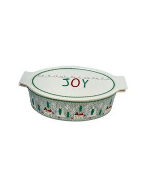 Graces Bake Shop JOY Oven Safe Oval Casserole Lidded Baker‎ Christmas Village